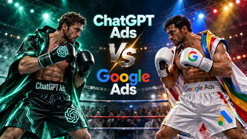 ChatGPT reklama vs Google Ads – du boksininkai ringe